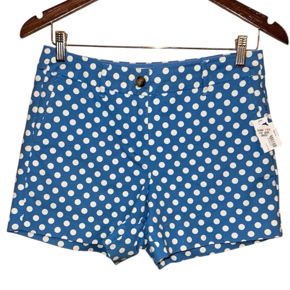 •BODEN•BLUE & WHITE PLAYFUL POLKA DOT MID-RISE 4” INSEAM CHINO SHORTS SIZE 4 EUC